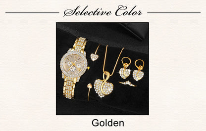 Gold jewelry set including a watch and earrings on a Black background with 'Selective Color Golden' text.