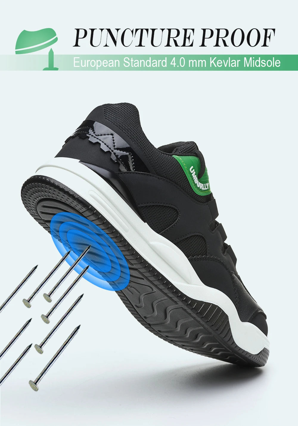 Black shoe with White sole puncture proof feature on a White background