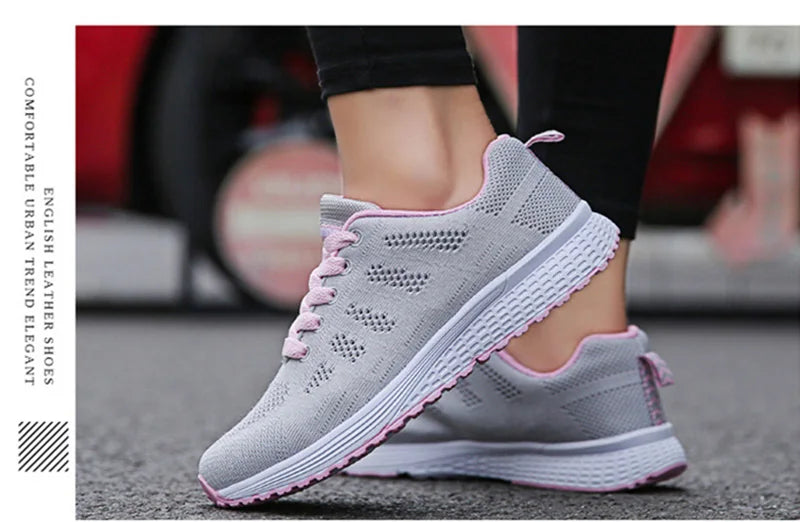 Women's Breathable Mesh Walking Shoes – Lightweight White Flat Sneakers