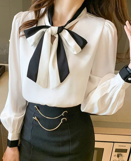Women's Elegant Bow Blouse – Chic Office & Casual Long Sleeve Top