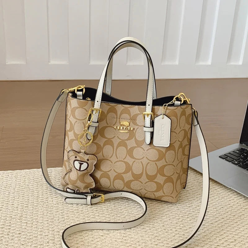 Women's Monogram Tote Bag – Retro Leather Trim with Detachable Strap