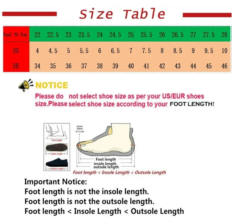 Shoe size chart with US and EU measurements and foot length explanation.