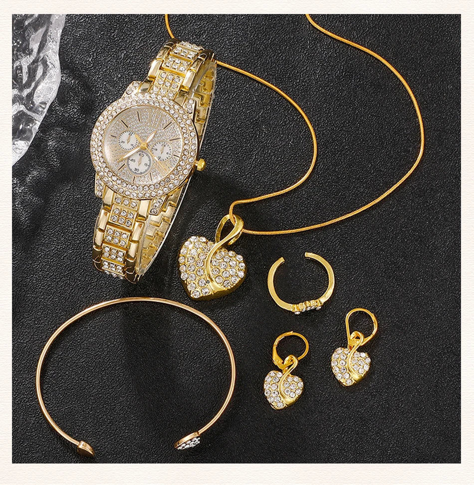 Gold jewelry set including a watch, necklace, bracelet, and earrings on a Black background