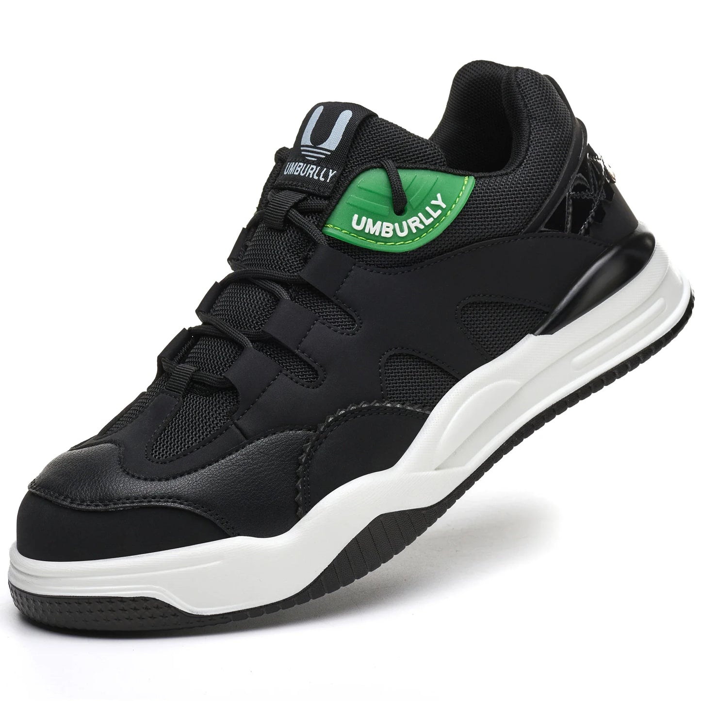 Black sneaker with Green label on a White background