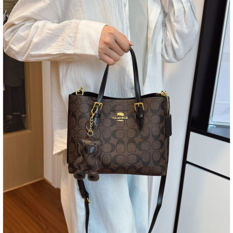 Women's Monogram Tote Bag – Retro Leather Trim with Detachable Strap