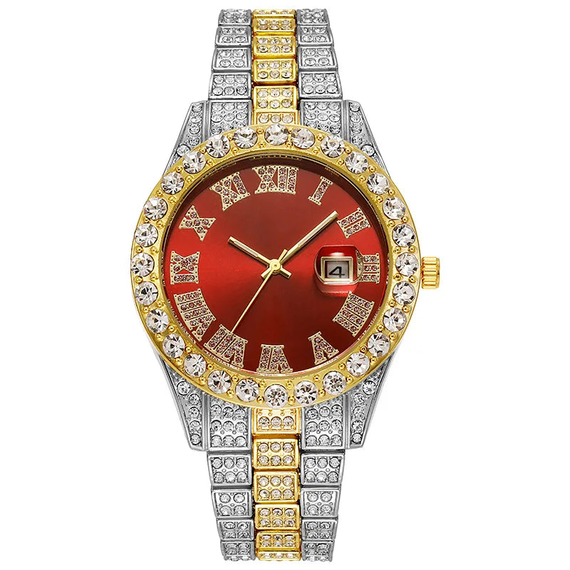 Iced Out Rhinestone Calendar Watch for Men — Gold & Silver Two-Tone