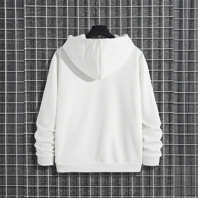 White hoodie with a gray stripe on a hanger against a grid-patterned wall.