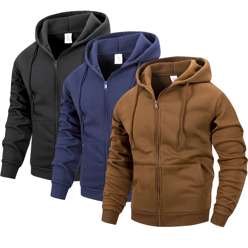 Men's Zip-Up Hoodie Jacket in Black, Navy Blue and Brown — Front View
