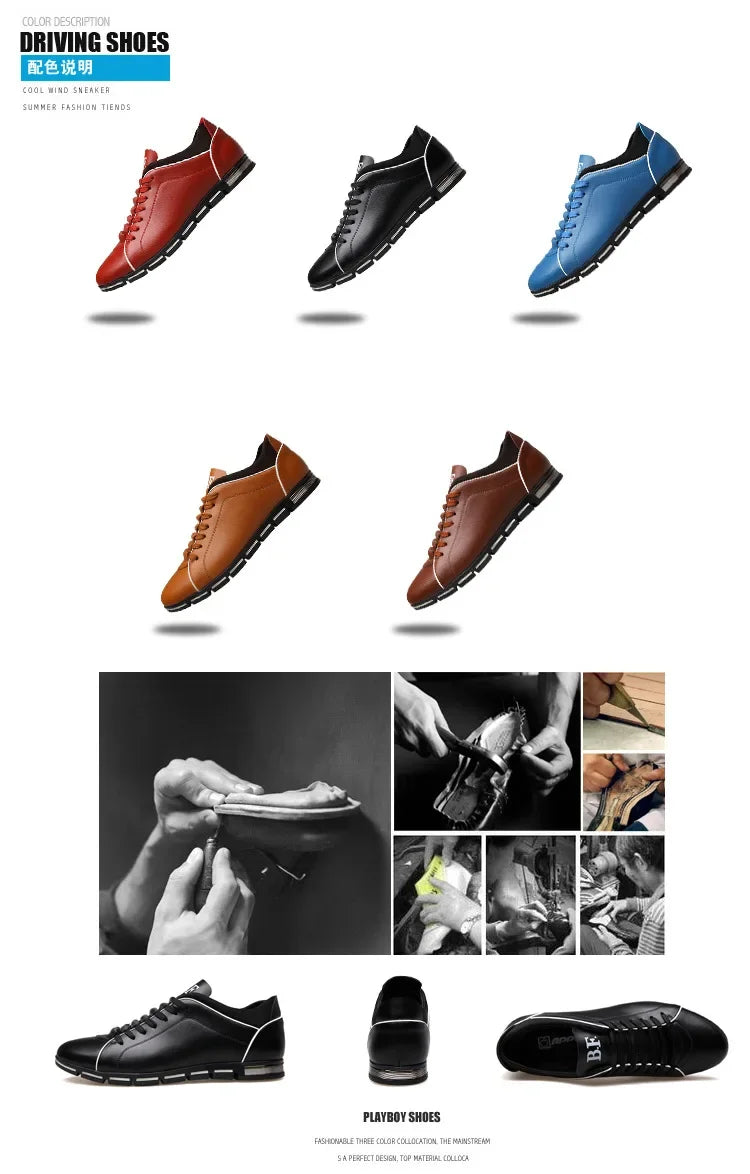 Collection of driving shoes in various colors with close-up images of hands and shoes.