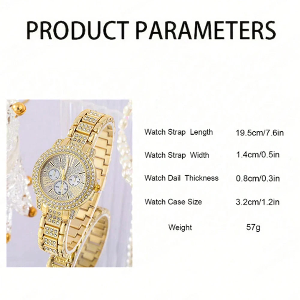 Gold watch with product parameters displayed on a White background