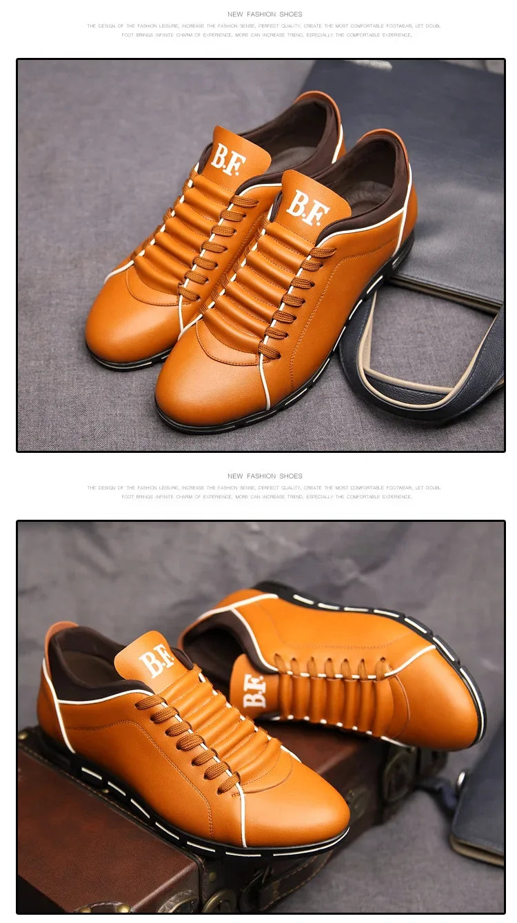 Brown leather shoes with 'BR' branding on a dark background