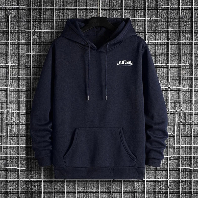 Navy blue hoodie with 'California' text on a textured gray background