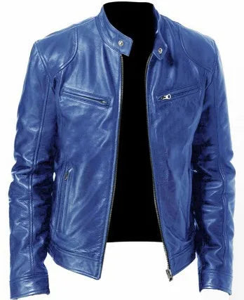 Atlantis Men's PU Leather Bomber Jacket in Blue — Front View
