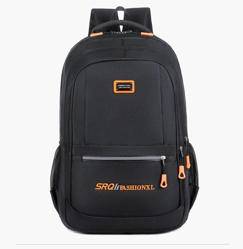 Black backpack with orange accents and 'SRQ Fashion XL' branding on a White background