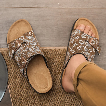 Men's Monogram Print Cork Sandals with Double Gold Buckles