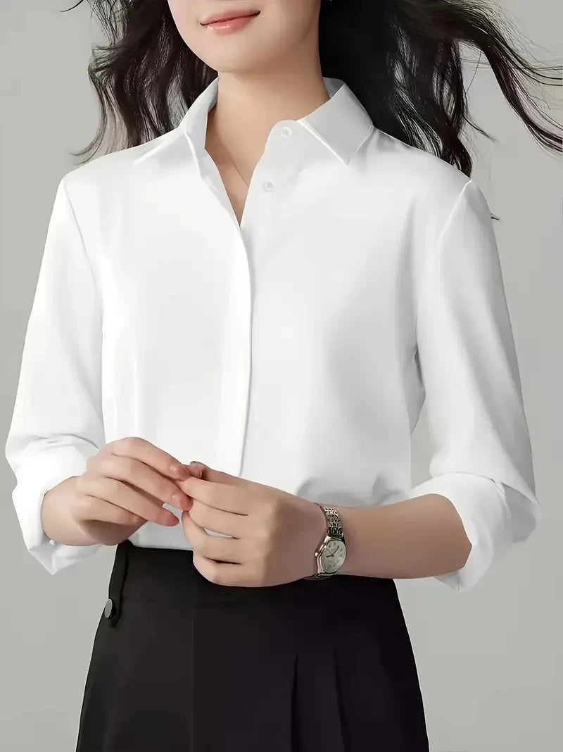 Women's Long-Sleeve Office Blouse – Solid Polyester Button-Up Top