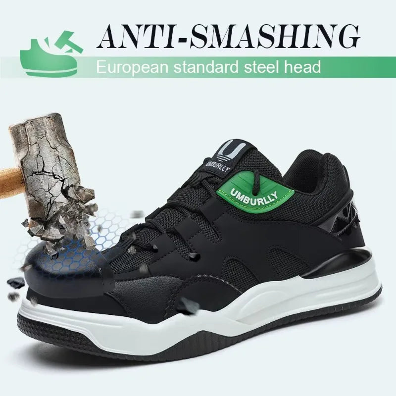 Black and Green sneaker with 'UMBURRLY' branding, featuring an anti-smashing feature with a wooden mallet.