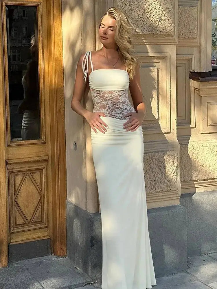 Mesh Splicing Backless Maxi Dress – Spaghetti Strap Summer Dress