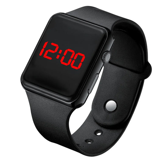 Black digital watch with Red LED display on a White background