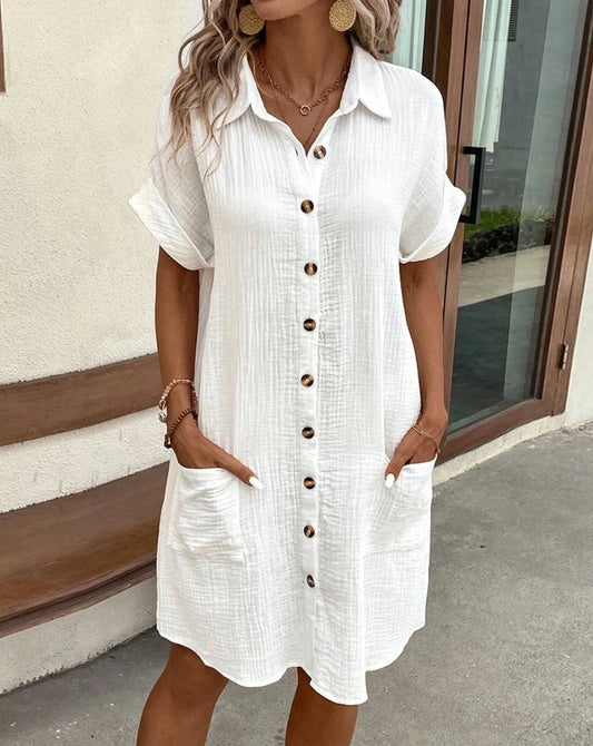 Women's V-Neck Loose Fit Midi Dress – Casual Summer Dress with Pockets
