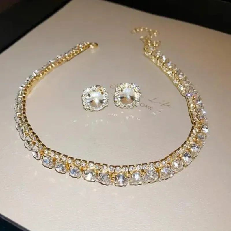 Women's Luxury Crystal Necklace & Earrings Set – Geometric Wedding Jewelry