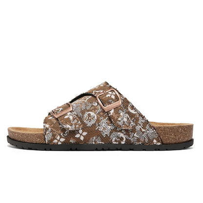 Men's Monogram Print Cork Sandals with Double Gold Buckles