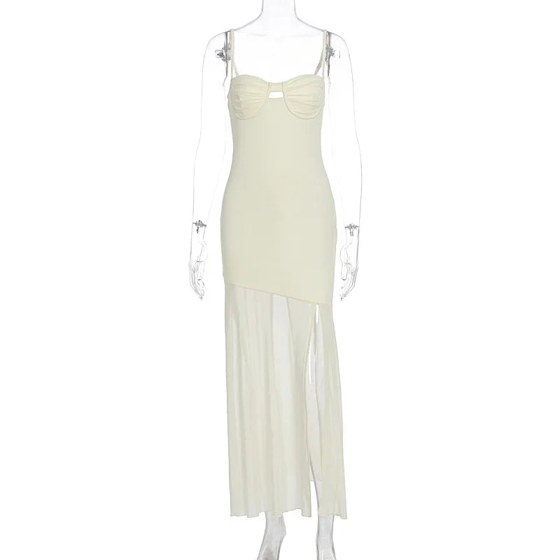 Mesh Splicing Backless Maxi Dress – Spaghetti Strap Summer Dress