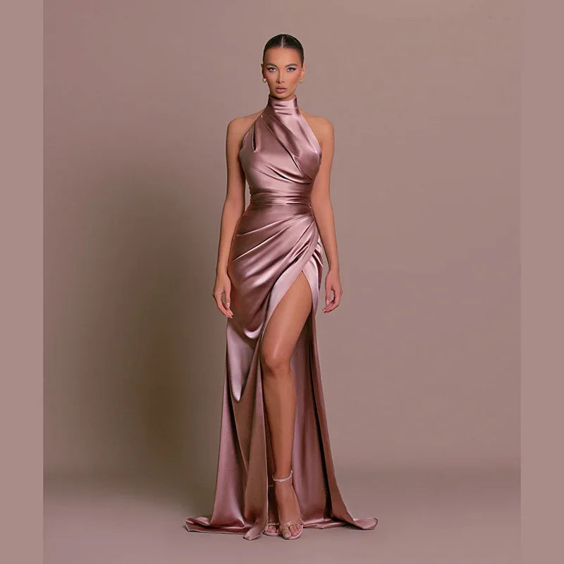 Women's Satin Halter Maxi Dress with High Slit