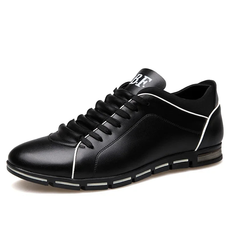 Black leather sneaker with White accents on a White background