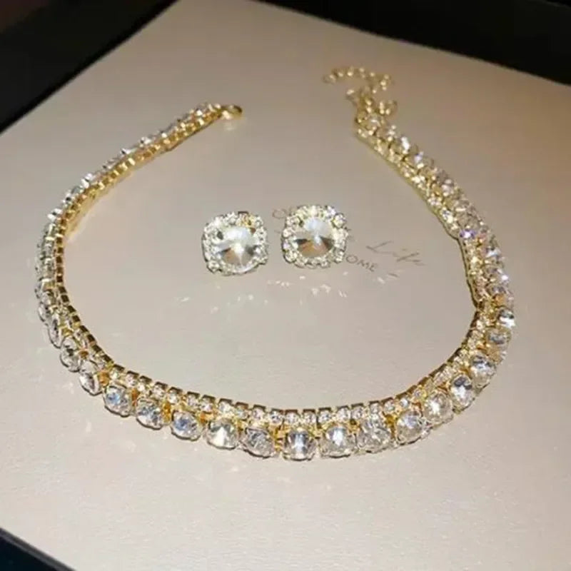 Women's Luxury Crystal Necklace & Earrings Set – Geometric Wedding Jewelry