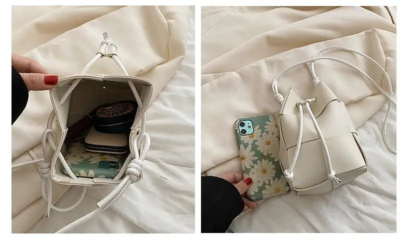 Women's Woven PU Leather Bucket Bag – Small Luxury Designer Handbag