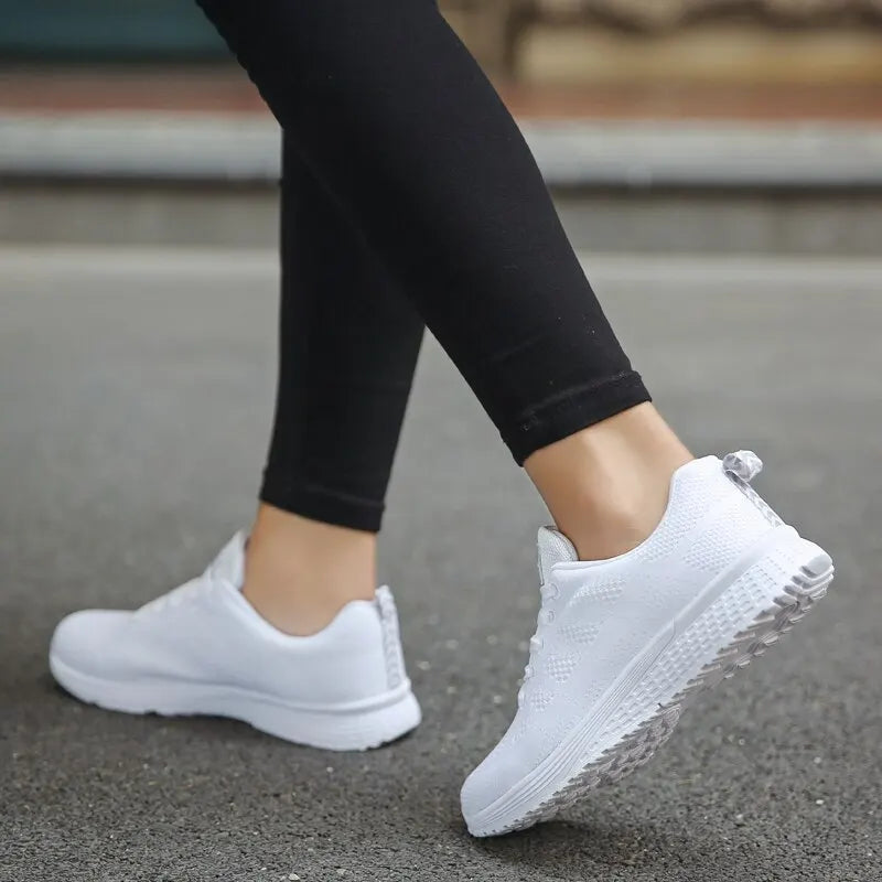 Women's Breathable Mesh Walking Shoes – Lightweight White Flat Sneakers
