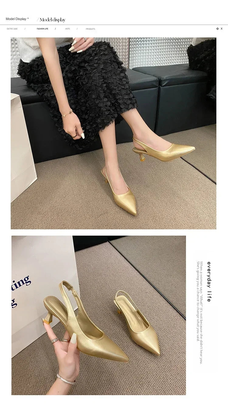 Gold high-heeled shoes worn by a person sitting on a couch, with close-up shots of the shoes on a floor.