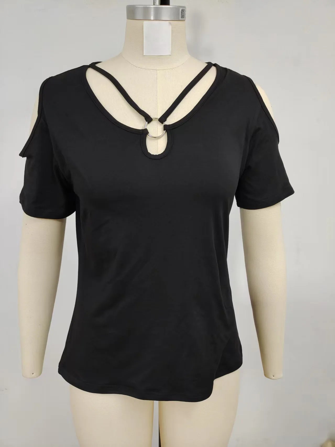 Black Women's V-Neck Hollow Out Off-Shoulder Blouse – Mannequin View | Atlantis