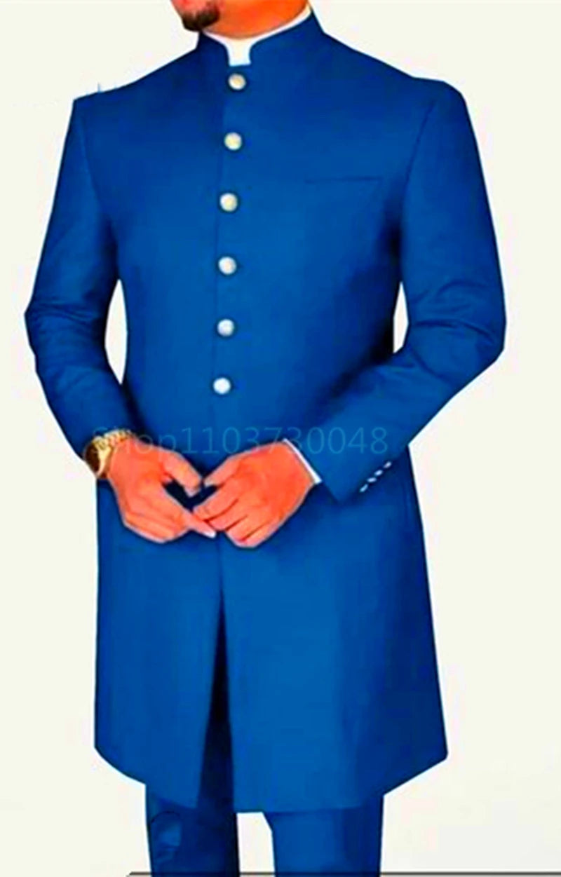 Blue traditional outfit with White buttons on a White background