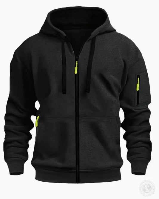 Black hoodie with neon yellow zippers on a White background