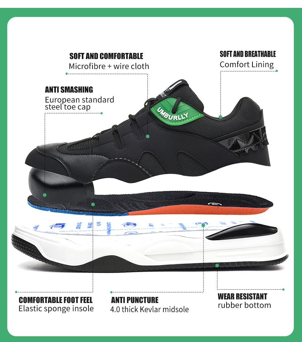 Black safety shoe with Green label, showing features like steel toe cap and comfort lining, on a White background.