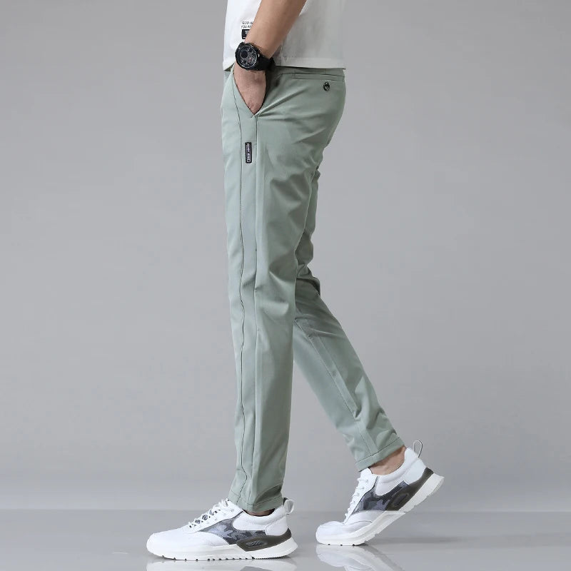Green Men's Stretch Slim Straight Casual Pants – Detail View | Atlantis