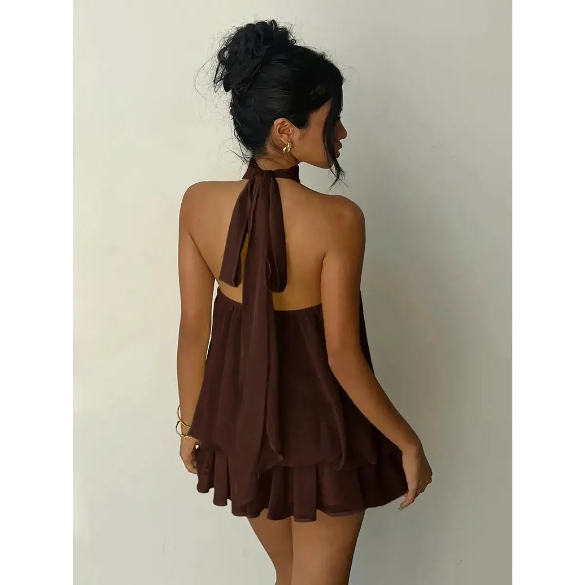 Halter Neck Backless Tie-Front Mini Dress – Chiffon Y2K Party Dress