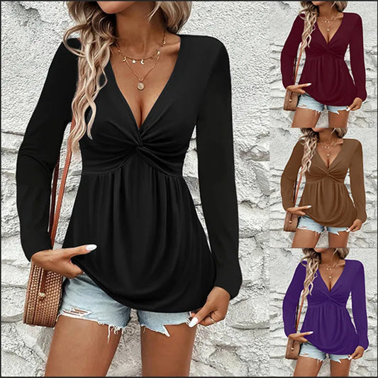 Black Women's Long Sleeve V-Neck Pullover Blouse – Casual Loose Knit Top | Atlantis