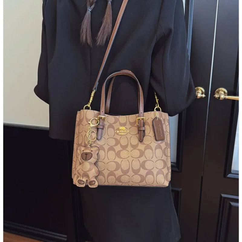 Women's Monogram Tote Bag – Retro Leather Trim with Detachable Strap