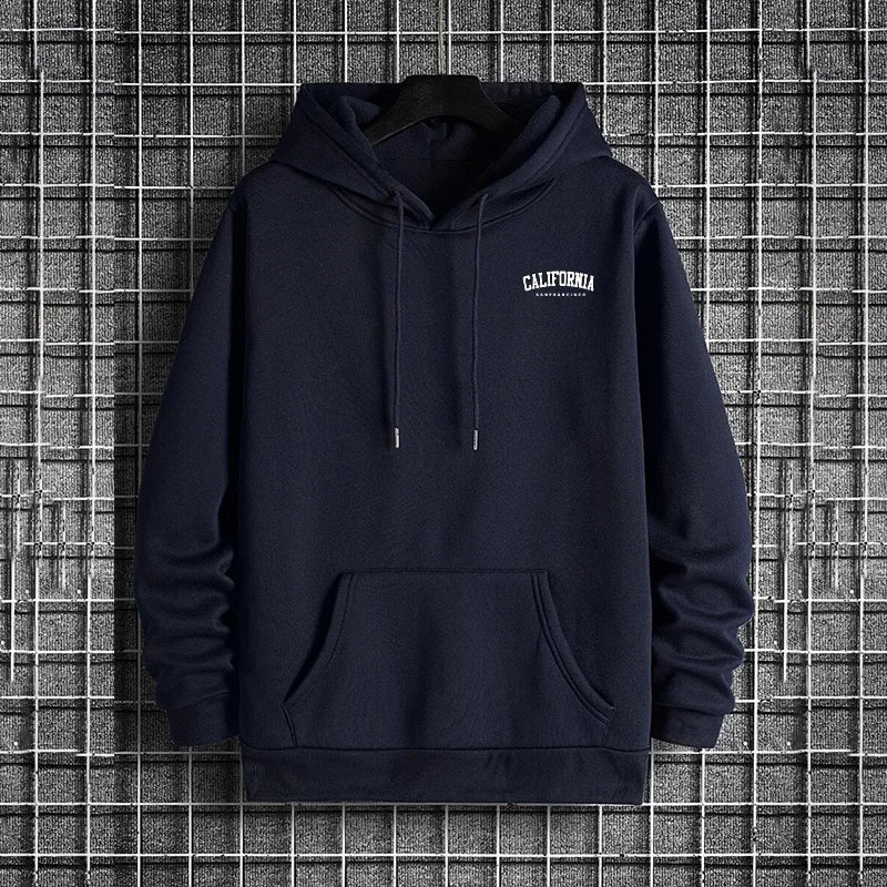 Navy blue hoodie with 'California' text on a textured gray background