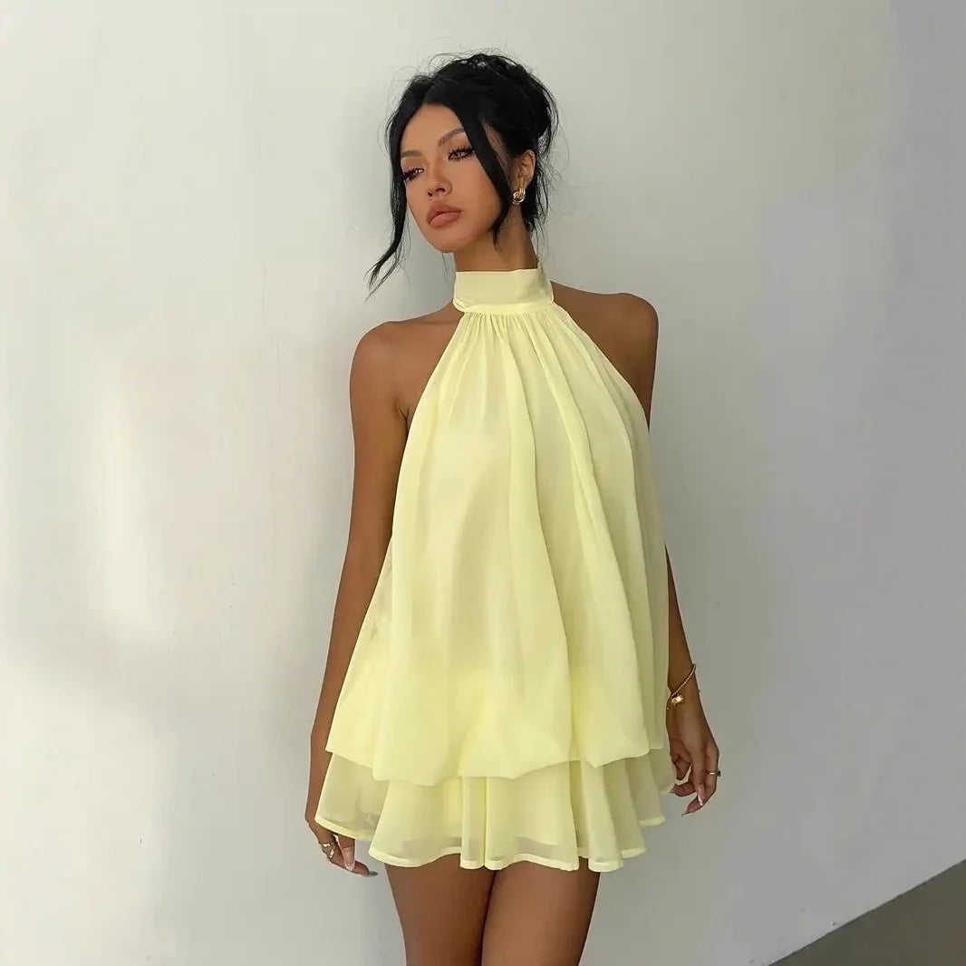 Halter Neck Backless Tie-Front Mini Dress – Chiffon Y2K Party Dress
