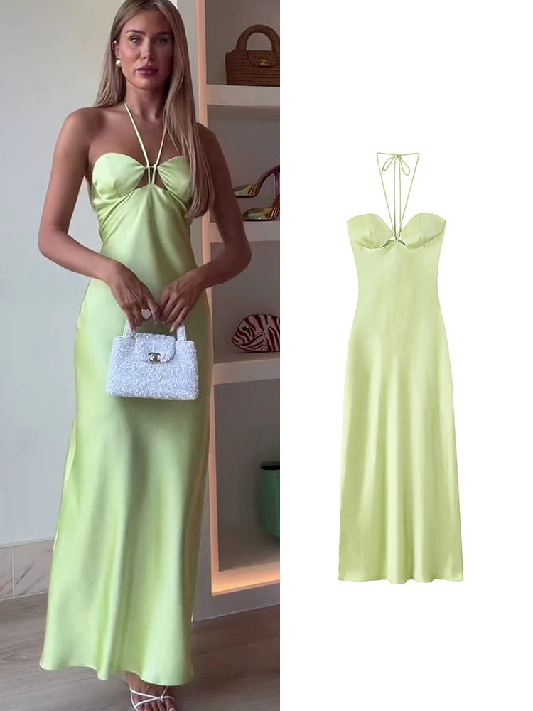 Satin Halter Neck Lace-Up Backless Midi Dress – Slim Fit Party Dress