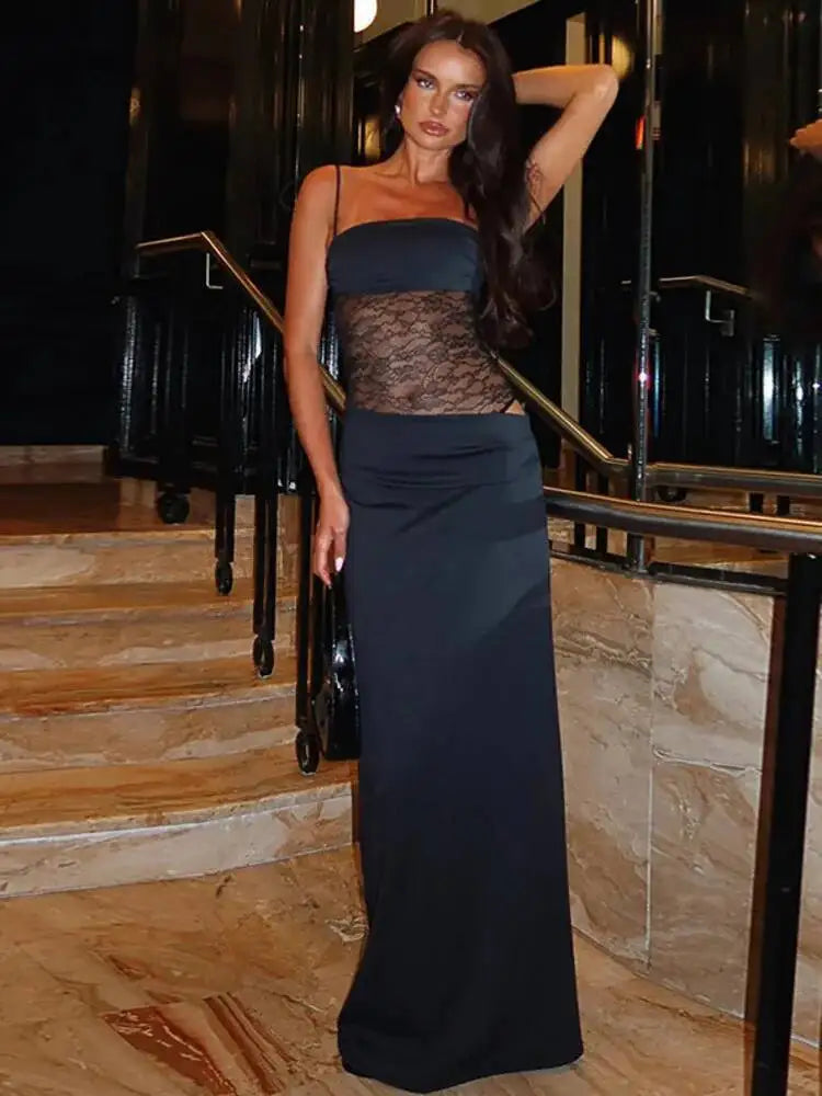 Mesh Splicing Backless Maxi Dress – Spaghetti Strap Summer Dress