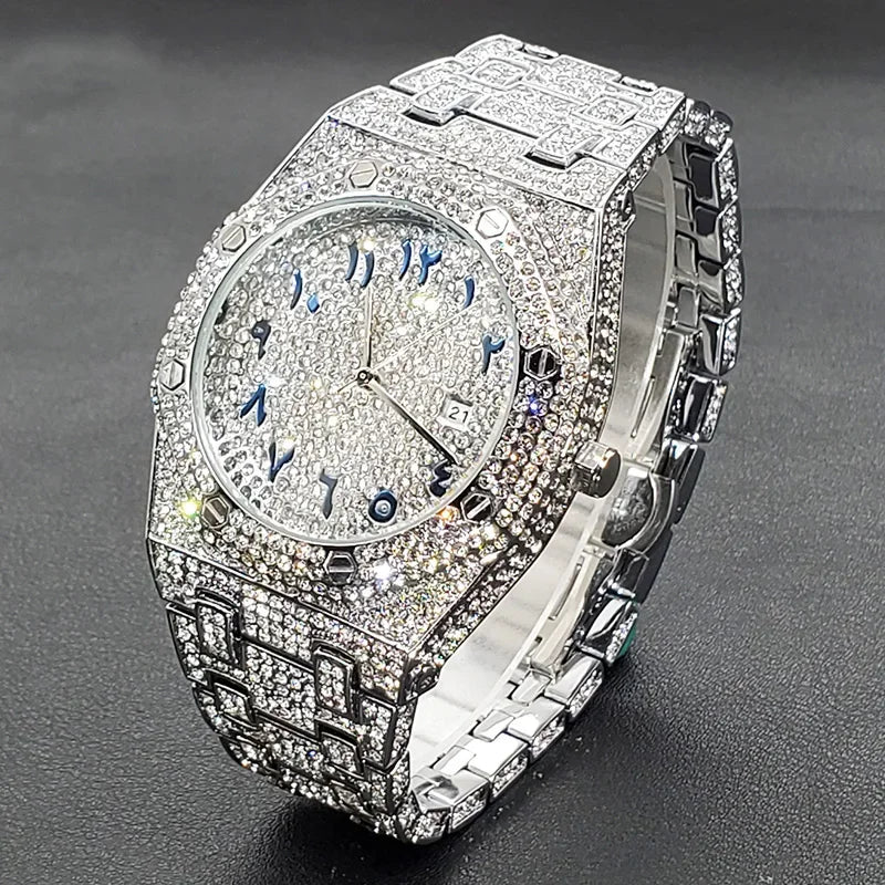 Fully Iced Diamond-Set Men's Watch — Octagonal Case, Arabic Numerals