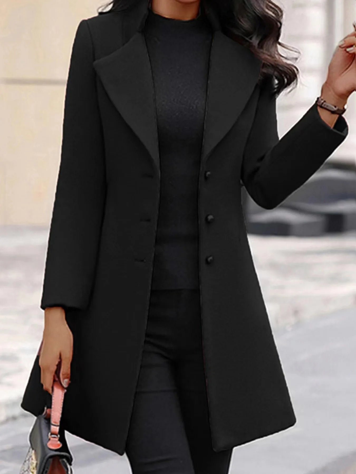 Women's Slim Fit Single-Breasted Wool Coat – Mid-Length Turn-Down Collar Outerwear