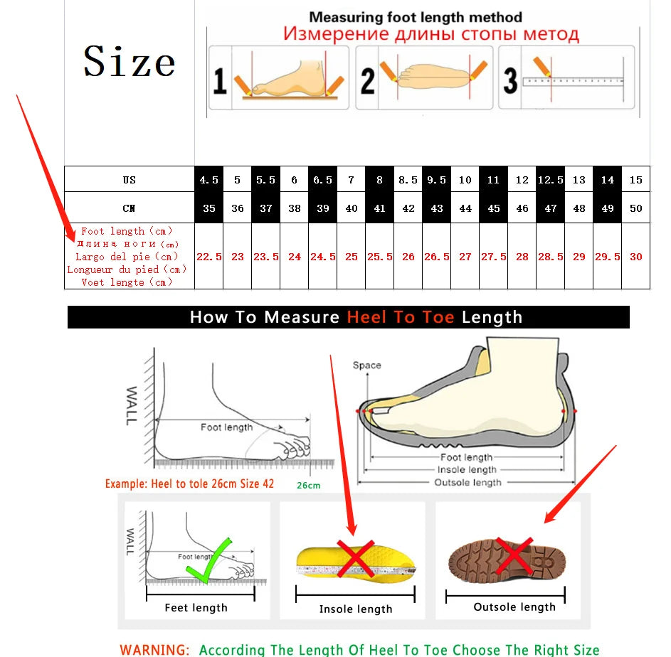 Instructions on measuring foot length and shoe size with diagrams and charts.