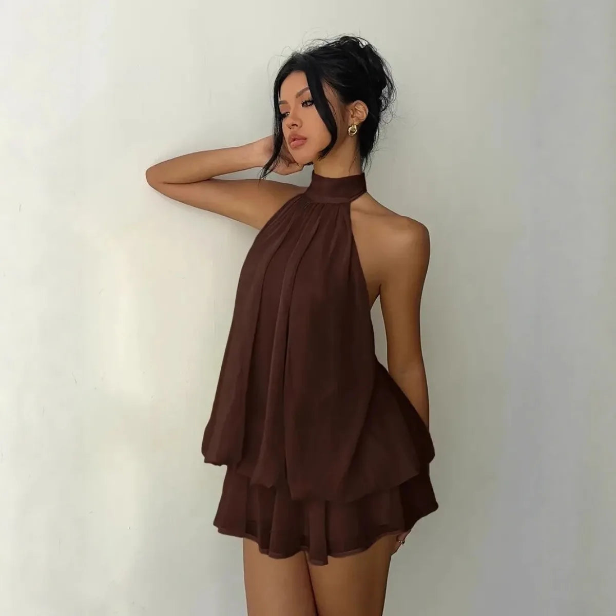 Halter Neck Backless Tie-Front Mini Dress – Chiffon Y2K Party Dress