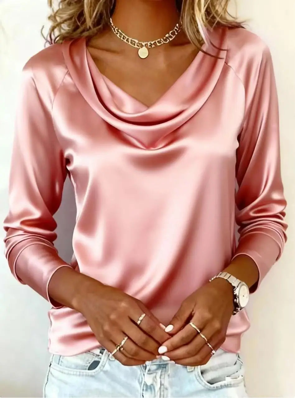 Women's Luxurious Silk-Like Draping Long Sleeve Top – Elegant Satin Blouse